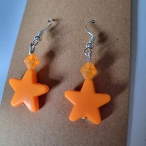 Handmade in USA Neon Orange Star Design Unique Beaded Earrings